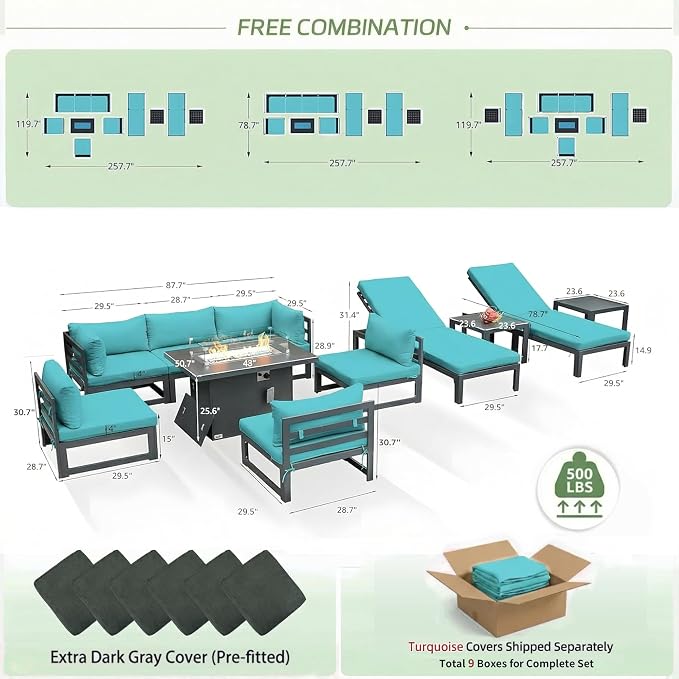 RADIATA 8 Seater Extra Large Modern Aluminum Outdoor Sofa with Lay Out Chair & Fire Pit Table, 500 lbs Durable Sectional Set for Heavy People, All Weather Comfy Patio Furniture Set for Backyard, Teal