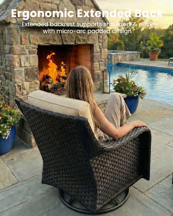 5 Pieces Outdoor Furniture Set with 6-inch Cushions, High Back Wicker Swivel Rocker Chairs with Coffee Table, Luxury Conversation Set for Deck Patio and Poolside