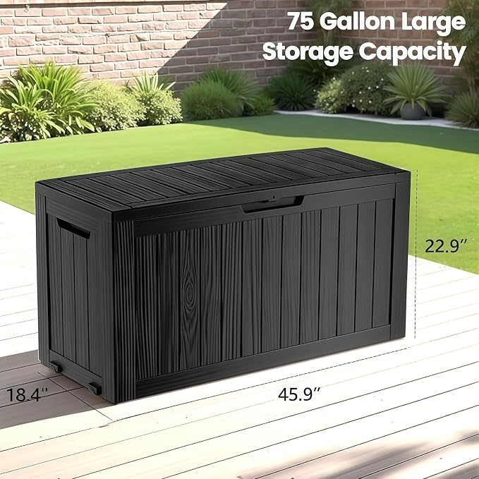 75 Gallon Outdoor Storage Box, Waterproof Resin Deck Box for Patio Cushions & Gardening Tools, Lockable Indoor/Outdoor Storage Bin, Sleek Black Design