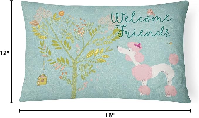 Caroline's Treasures BB7613PW1216 Welcome Friends Pink Poodle Canvas Fabric Decorative Pillow Machine Washable, Indoor Outdoor Decorative Pillow for Couch, Bed or Patio, 12HX16W