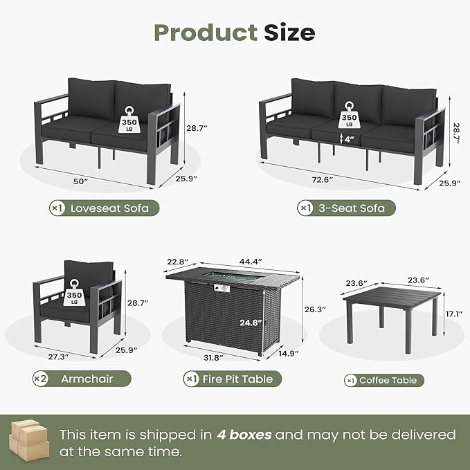 7 Piece Aluminum Patio Furniture Set with 44" Fire Pit Table & Thick Cushions, Aluminum Outdoor Sectional Conversation Set with Coffee Table for Porch, Backyard(Grey/Dark Grey)