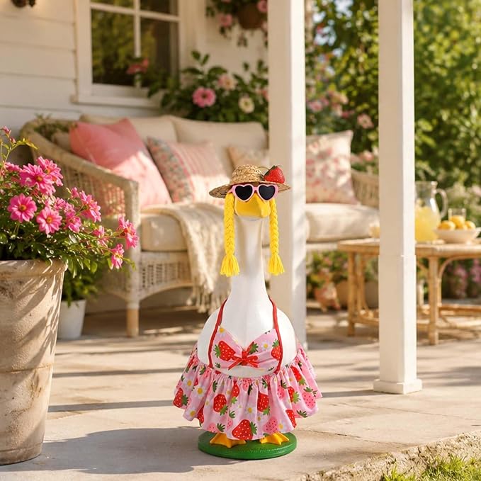 JcHrmers Bikini Goose Outfit Summer Strawberry Porch Goose Outfits Hawaiian Lawn Goose Clothes Fits 23" Cement Plastic Goose Statue for Summer Outdoor Garden Yard Patio Art Decor