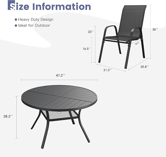 VICLLAX Round Outdoor Patio Dining Set for 6, Metal Slatted Patio Table with Umbrella Hole and 6 Stackable Patio Chairs for Deck Lawn Garden, Black Fabric and Black Tabletop