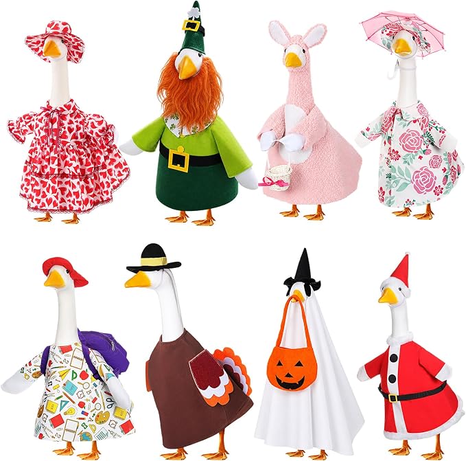 FuWeave 8 Set Holiday Porch Goose Outfits 17'' Goose Clothes Summer Fall Halloween Christmas Winter Thanksgiving Valentine St. Patrick Easter 4th of July Lawn Porch Geese Costume for Patio Yard Decor