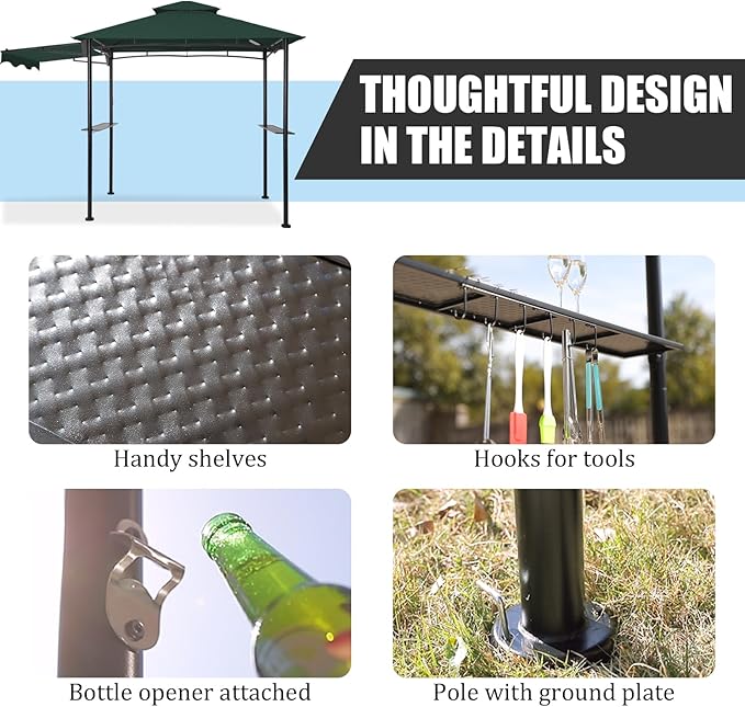 FAB BASED 5x8 Grill Gazebo with Extra Awning, All-Weather Steel Construction, Double Tiered & Resistant Canopy Roof, Metal Serving Shelves, 2 LED, Bottle Opener for Patio, Backyard, BBQ (Green)