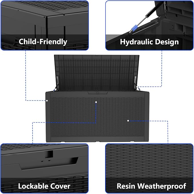 100 Gallon Resin Deck Box All Weather Outdoor Storage Box for Patio Furniture, Garden Tools, Lockable, Black