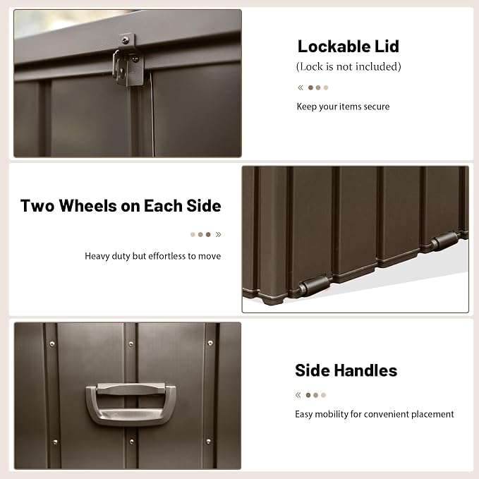 150 Gallon Large Outdoor Storage Box Metal, Waterproof Deck Box for Patio Cushion, Outside Storage Cabinet Rust/UV Resistant, Lockable Garden Tool Storage Bin for Porch Package Delivery, Brown