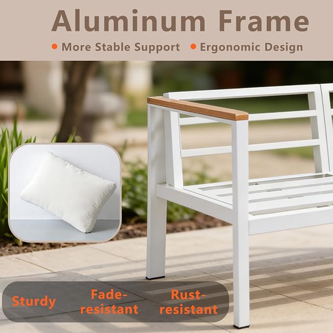 Aluminum Patio Sectional Furniture Set,4 piece Patio Conversation Sets Outdoor Patio Furniture Set Sofa with Coffee Table & Washable Cushions White