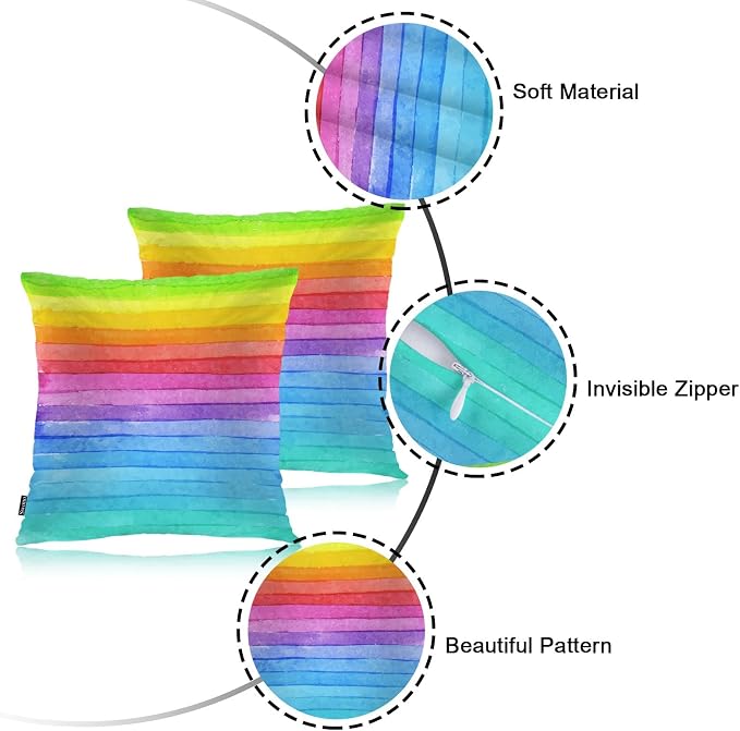Swono Rainbow Striped Throw Pillow Covers, Watercolor Rainbow Lines Set of 2 Pillow Cases Decorative 18 X 18 Inches, Soft Cushion Cover Pillowcases for Bedroom, Living Room, Cushion Sofa