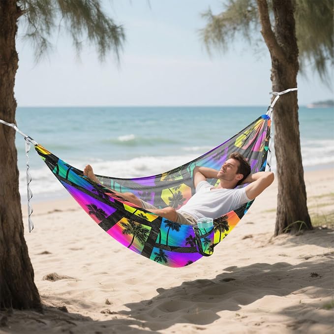 Camping Hammock Outdoor Hammocks for Outside Geometric Palm Tree Beach Trees Portable Lightweight with Pockets Tree Straps Indoor Small