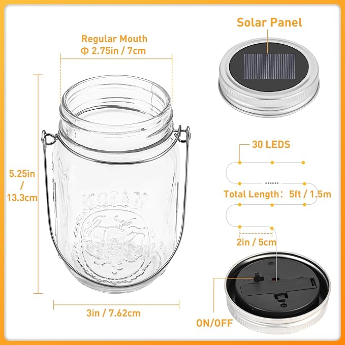 GIGALUMI Solar Mason Jar Lights, 12 Pack 30 Led String Fairy Lights | Garden Lights Outdoor Waterproof Metal Lid Hanging Solar Lanterns for Outdoor, Garden, Patio, Lawn, Balcony Decoration