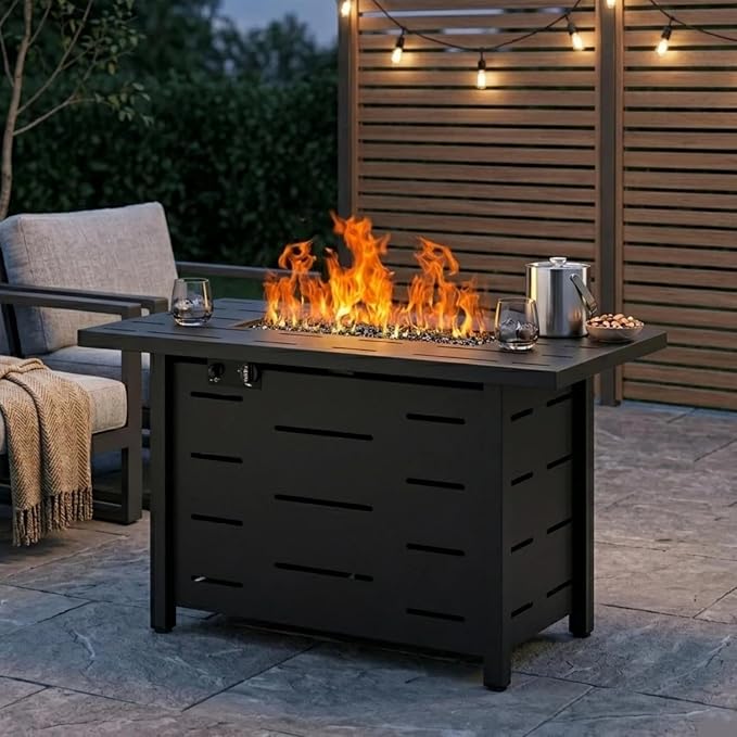 JAMFLY 4-Piece Patio Furniture Set with 43" Propane Fire Pit Table, Beige | All-Weather PE Wicker Sectional Sofa, Outdoor Conversation Set for Garden, Backyard & Deck
