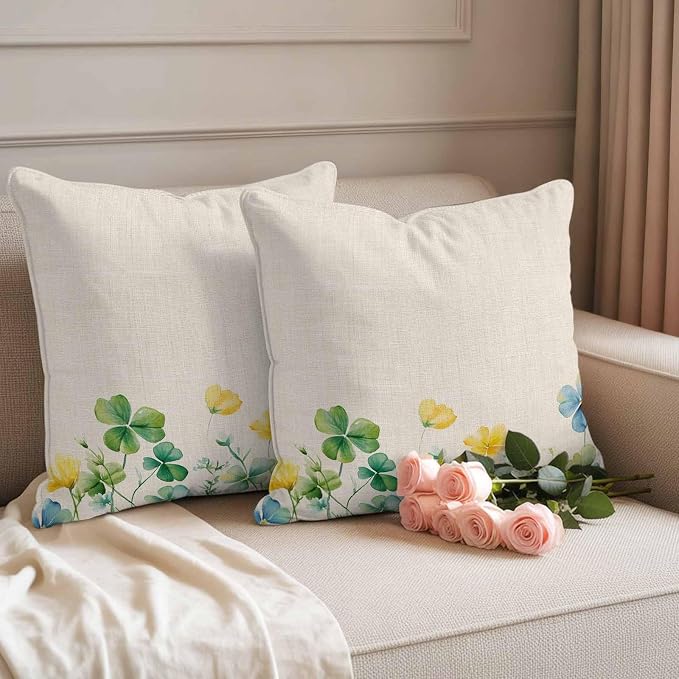 Spring Green Clovers Outdoor Waterproof Throw Pillow Covers Set of 2, 26"x26", Watercolor Yellow Blue Lucky Shamrock Leaf Linen Decorative Pillow Covers Outside Cushion Case for Patio Porch Garden