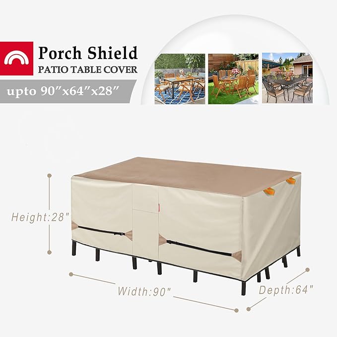 Porch Shield Patio Table Cover - Waterproof Outdoor Dining Table and Chairs Furniture Set Cover Rectangular - 90 x 64 inch, Light Tan & Khaki