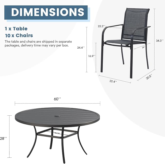 DIFY 11 Pieces Outdoor Patio Dining Set for 10, 60" Black Round Metal Dining Table and 10 Grey Stackable Sling Dining Chairs, Outdoor Table and Chairs for Lawn Garden Backyard Deck