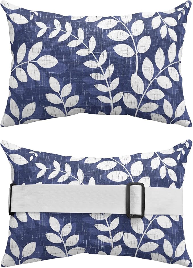 Outdoor Lumbar Pillow Set of 1, Indigo Leaves Waterproof Beach Headrest Pillow with Inserts, Farmhouse Botanical Leaf Branch Vintage Modern Recliner Throw Pillows for Patio Furniture, 11 x 16