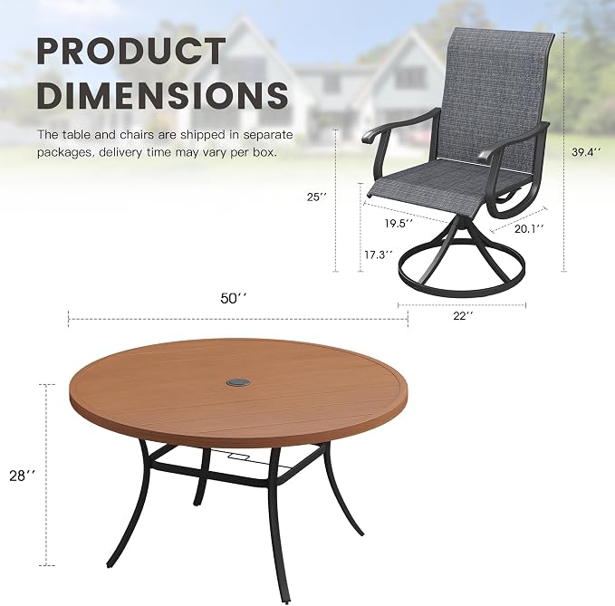 Outdoor Dining Set for 6, 50" Metal Round Outdoor Dining Table with Umbrella Hole and Sling Patio Swivel Chairs, 7 Pieces Patio Table and Chairs Set for Garden Backyard, Charcoal and Walnut