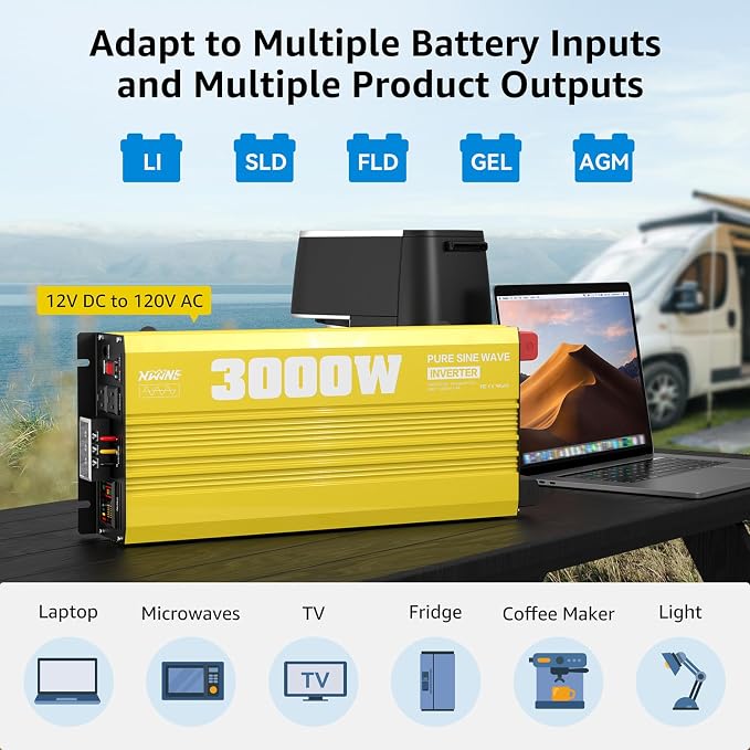 XWJNE 3000W Pure Sine Wave Power Inverter 12V DC to 120V AC Converter with LED Display and Remote Controller for Home, RV, Truck, Off-Grid Solar Power