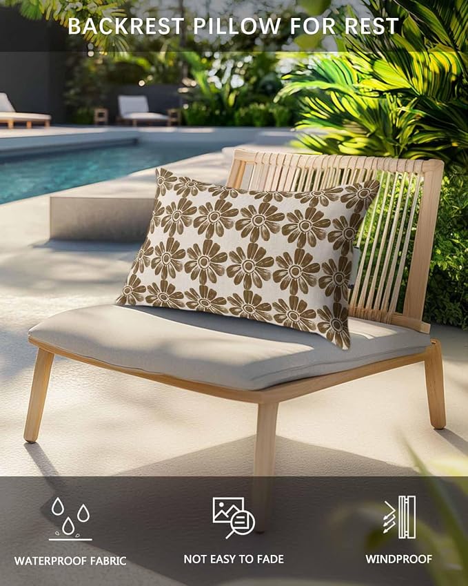 Pack of 2 Outdoor Lumbar Cushions with Inserts, Retro Brown Flower Linen Background Waterproof Fluffy Fade Body Pillows, Patio Furniture Pillow for Home Balcony Garden Decor 11x16IN