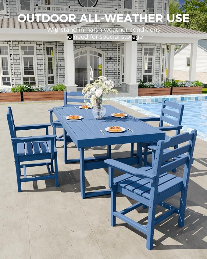 K Knowbody 5-Piece Outdoor Patio Dining Table and Chairs Set, Seats 4 | Steel-Reinforced HDPE, 100 lb/sq ft Load Capacity, 2-Inch Umbrella-Ready Tables, All-Weather, Fade-Resistant, Navy Blue