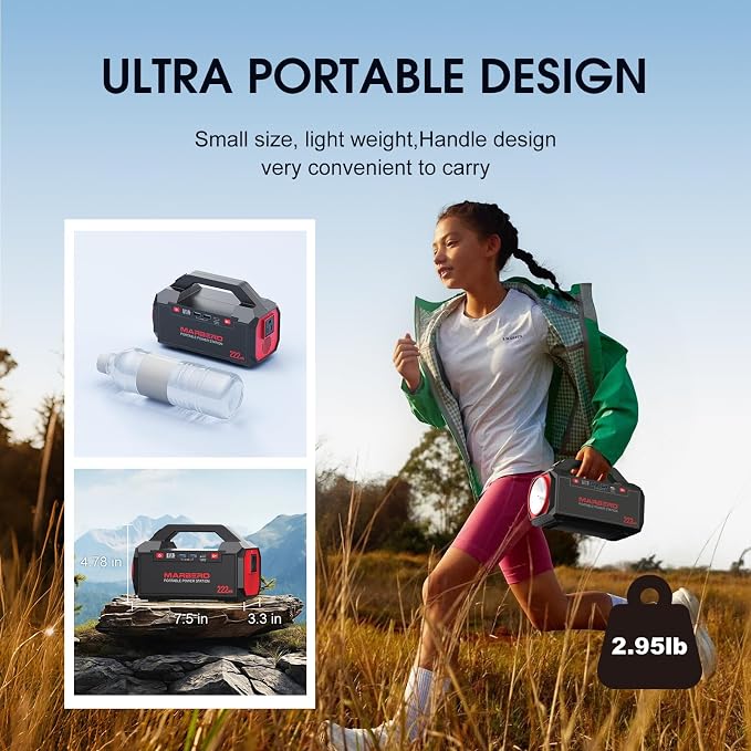 MARBERO Portable Power Station 222Wh Battery Pack 100W (150W Surge) Power Bank Flashlight High Lumens Fast Charging Power Bank with AC Outlet for Outdoor Camping Hurricane Backup Emergencies