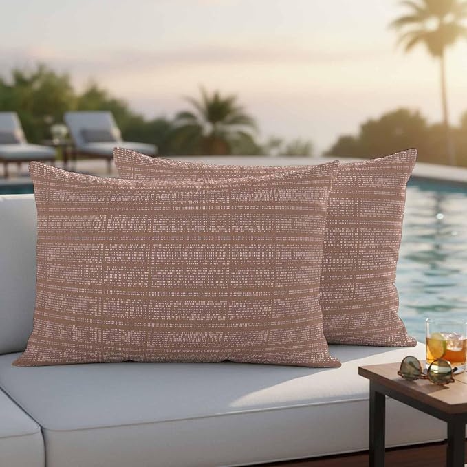 Outdoor Waterproof Throw Pillow Covers Set of 2 Brown Stripes Grain Lumbar Pillowcases 20x12 Inches Solid Color Decorative Pillows Cushion Case Patio Pillows for Couch Bed Chair Garden