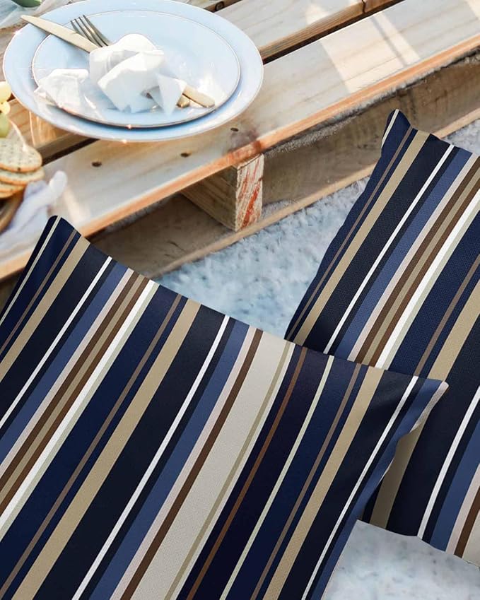 Outdoor Waterproof Pillow Covers for Patio Simple Stripe Decorative Throw Pillow Cover Blue And Brown Geometric Pattern Pillowcases Set of 2 Cushion Case for Sofa Couch Chair Home Decor 24x24 inch