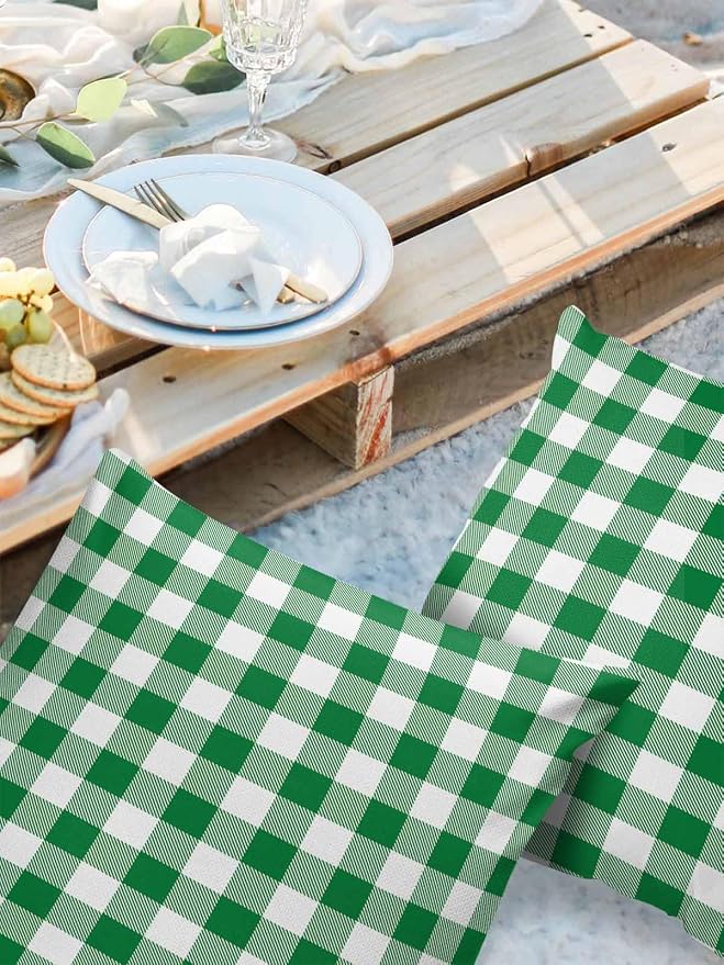 Outdoor Waterproof Throw Pillow Covers Set of 2 Green Buffalo Check Plaid Pillowcases 20x20 Inches Farmhouse Style Patio Decorative Pillows Cushion Case Patio Pillows for Couch Bed Chair Garden
