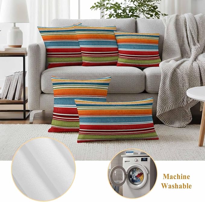 Outdoor Waterproof Pillow Covers for Patio Modern Red Orange Blue Stripes Decorative Throw Pillow Cover Abstract Fabric Stripes Pillowcases Set of 2 Cushion Case for Sofa Couch Chair 20x20 Inch