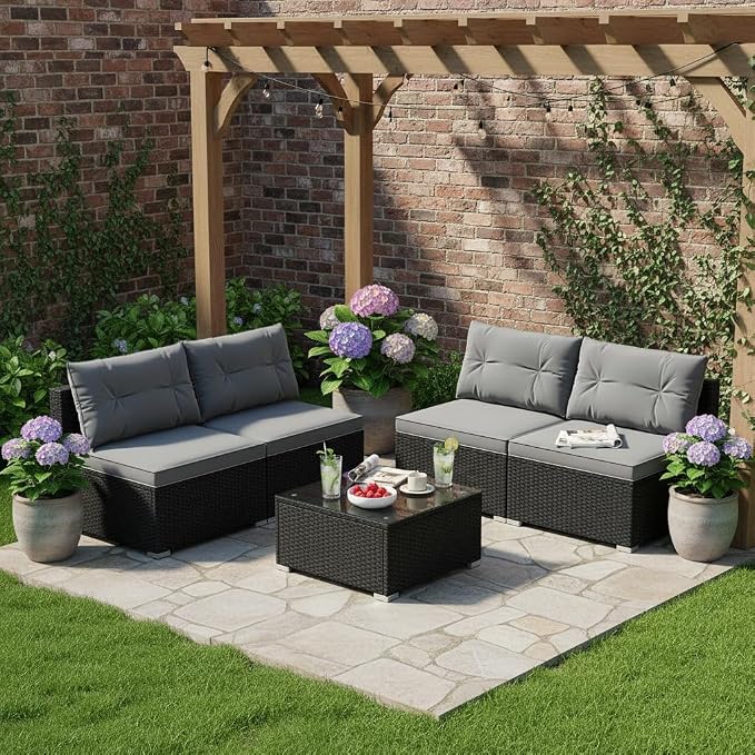 Tangkula 5 Pieces Wicker Patio Furniture Set, Outdoor 4 Armless Rattan Sofa & Coffee Table Set, with Cushions, Acacia Wood Tabletop, Sectional Patio Conversation Set for Lawn, Yard, Poolside, Grey