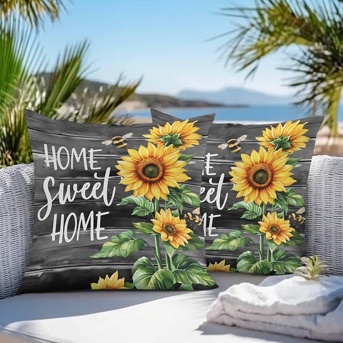 Throw Pillow Covers 20x20 Inch Set of 2, Spring Sunflowers Waterproof Outdoor Pillow Covers, Black Wooden Grain Country Farm Decorative Cushion Pillowcases for Couch, Sofa, Bed, Garden, Patio