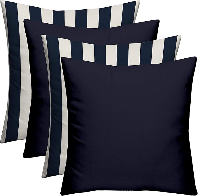 RSH DECOR Indoor Outdoor Navy Mix Set of 4-17"x 17" Square Pillow Set Weather Resistant - Choose Pillow Color (2-Navy Blue & 2-Navy Stripe Mixed Pillow Set)
