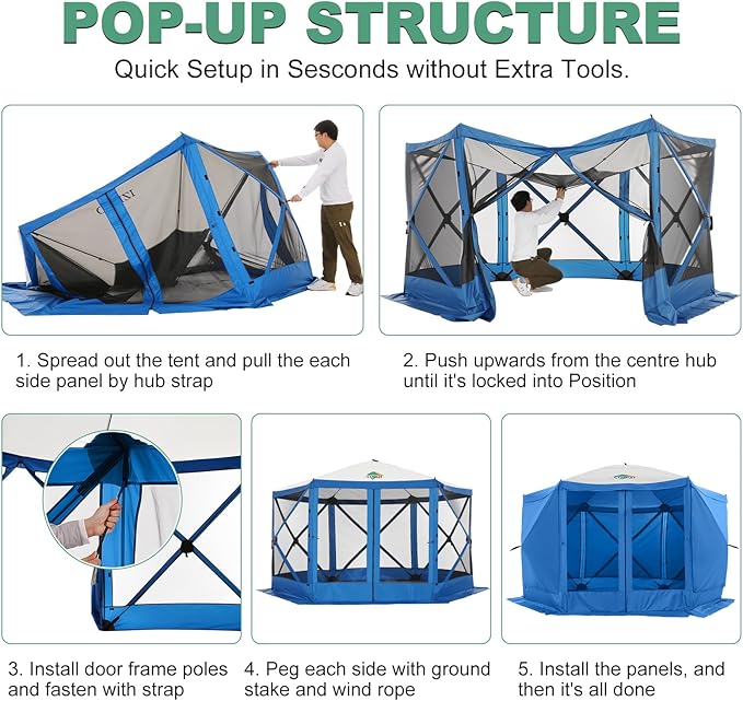 COBIZI 12x12 FT Pop Up Canopy Shelter Tent, Large Gazebos On Clearance with Sidewalls, Screened in Gazebo, Screen Tents Portable carpas para Patio for Outdoor Camping, Backyard, Garden, Beach, Blue