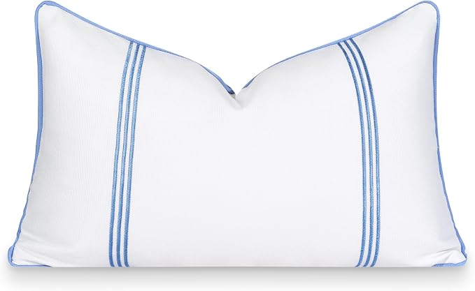 Hofdeco Premium Coastal Patio Indoor Outdoor Lumbar Pillow Cover Only, 12"x20" Water Repellent for Backyard, Couch, Cornflower Blue Embroidered Vertical Line