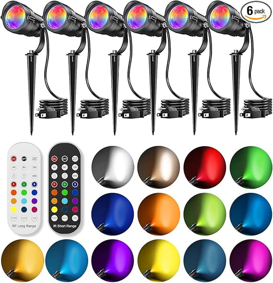 HIBOITEC 12W Christmas Spotlight Outdoor with Plug Timer Color Changing 120V Landscape Lighting Waterproof Dimmable LED Spot Light for Yard Christmas Outside House Garden Tree Decoration 6Pack