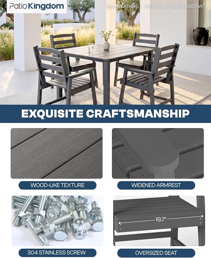 HDPE Outdoor Dining Set for 4 with 10FT Umbrella, Grey | All-Weather HDPE, Wood Grain Finish, 42.5" Square Table, Built-In Umbrella Hole, Seats 4, Patio & Poolside Ready