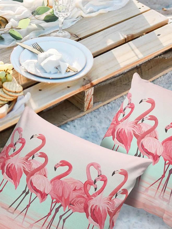 Outdoor Waterproof Throw Pillow Covers Set of 2 Pink Flamingo Pillowcases 24x24 Inches Tropical Animal Ombre Teal Patio Decorative Pillows Cushion Case Patio Pillows for Couch Bed Chair Garden