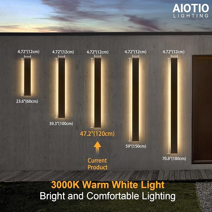 AioTio 47.2in Outdoor Wall Light Exterior, Black Long LED Outdoor Wall Light Fixtures Wall Mount,Upgraded 4.72in Wide 3000K IP65 Waterproof Modern Porch Sconce Lights for Garage,Courtyard,Patio