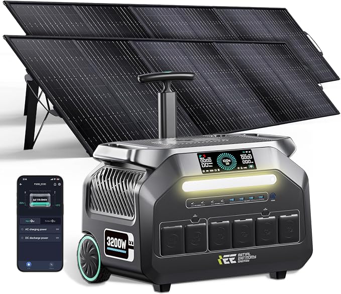 IEE 3200W Portable Power Station P3200 with 2x500W Solar Panels, 2048Wh LiFePO4 Solar Generator, 1800W AC & 1000W Solar Charging, 14 Output Ports(6400W Peak), EPS, for Home Backup, Camping, Emergency