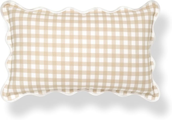 Hofdeco Premium Coastal Hampton Scalloped Patio Indoor Outdoor Lumbar Pillow Cover Only, 12"x20" Water Repellent for Backyard, Couch, Poolside, Neutral Tan Print Gingham