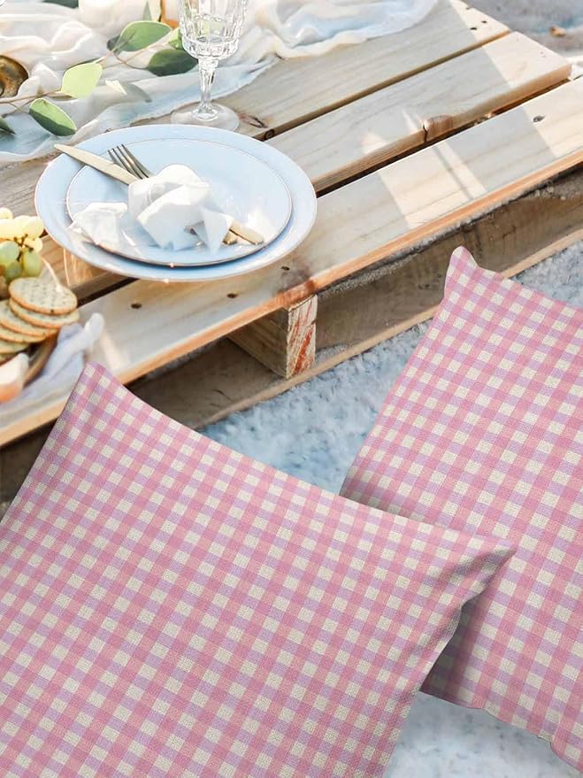Outdoor Waterproof Throw Pillow Covers Set of 2 Pink Buffalo Plaid Pillowcases 26x26 Inches Linen Classic Checked Patio Decorative Pillows Cushion Case Patio Pillows for Couch Bed Chair Garden