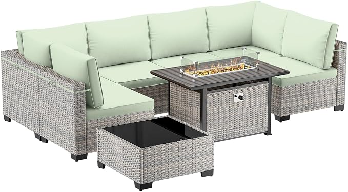 8-Piece Patio Furniture Set, Outdoor Patio Furniture with 55,000 BTU Fire Pit Table, Thick Cushions, Modular Patio Sofa, Dual-Strand Wicker Rattan, Rust-Resistant Frame, Light Green