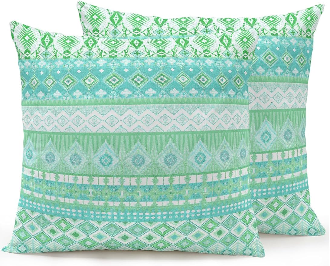 Waterproof Outdoor Pillow Set of 2 Teal Green Bohemian Decorative Throw Pillows Cover & Insert 18x18 Inch Pillowcase Boho Style Floral Leaves Geometric Pillows for Couch Sofa Bed Patio Furniture