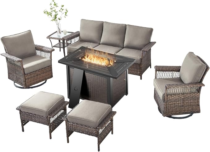 Patio Furniture Set with Fire Pit Table, 7PCS Patio Conversation Set Brown Resin Wicker Swivel Patio Chair Sofa Ottoman Set with Side Table and Fire Table PE Rattan Furniture Set
