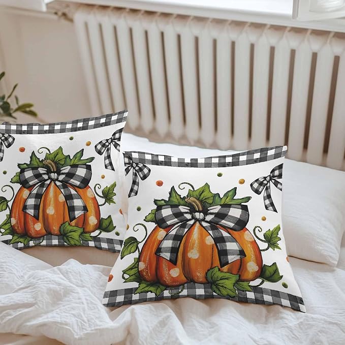 Orange Pumpkins Outdoor Waterproof Pillow Covers, Polka Dot Bow Fall Maple Leaves Plaid Decorative Square Throw Pillowcase Sofa Cushion Sham for Patio/Couch/Chair, 26"x26" 2 Pack