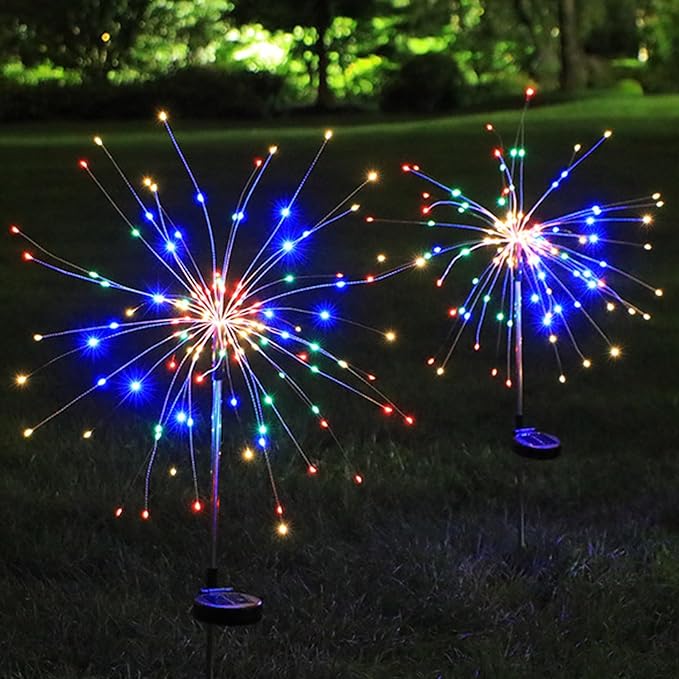 Solar Garden Firework Lights Outdoor Waterproof, 2 Pack 200 LED 8 Lighting Modes Sparklers Solar Twinkling Starburst Lights for Yard Flowerbed Pathway Fence Decorations, Multicolor, Copper Wire