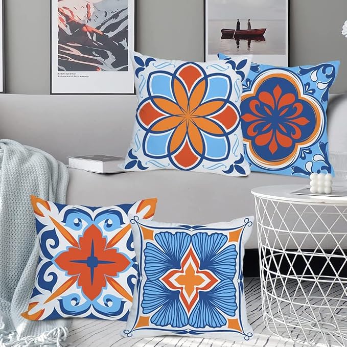 Outdoor Waterproof Throw Pillow Covers 22x22 inch Floral and Boho Style Decorative Pillow Covers Modern Geometric Pillowcase for Patio Funiture Garden Set of 4, Blue and Orange