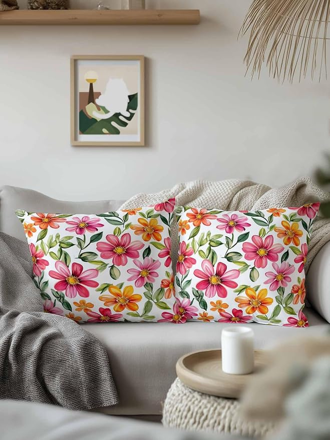Outdoor Waterproof Throw Pillows Spring Watercolor Wild Flower Patio Pillows,Decorative Pillow Covers with Insert,Pillow Cushion Case for Garden Couch Sofa Country Small Pink Flower