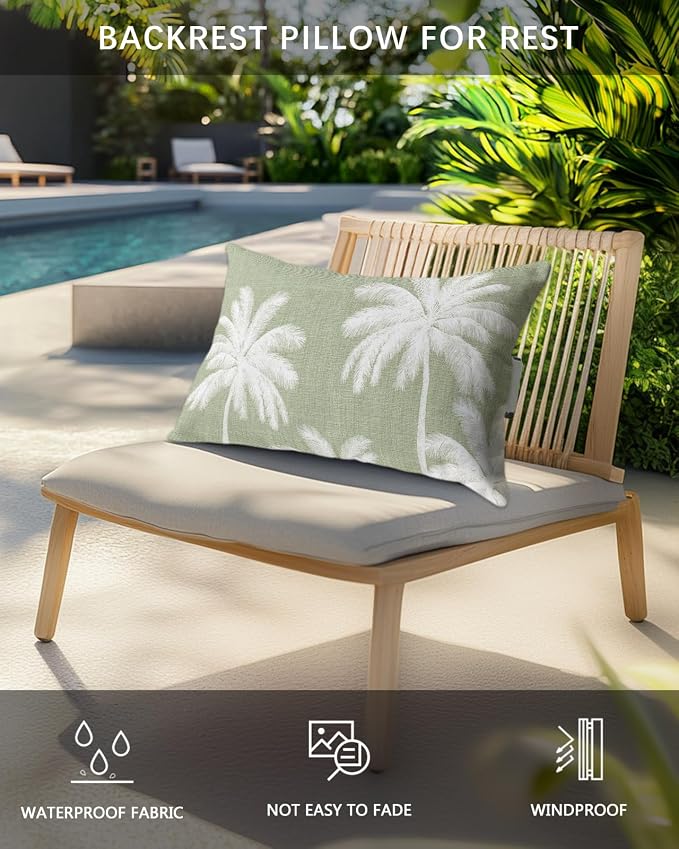 Pack of 4 Outdoor Lumbar Pillow Covers 12x20 Inch, Sage Green Palm Trees Waterproof Throw Pillow Covers Set, Farmhouse Tropical Summer Beach Indoor&Outdoor Decorative Cushion Cases for Patio Porch Car