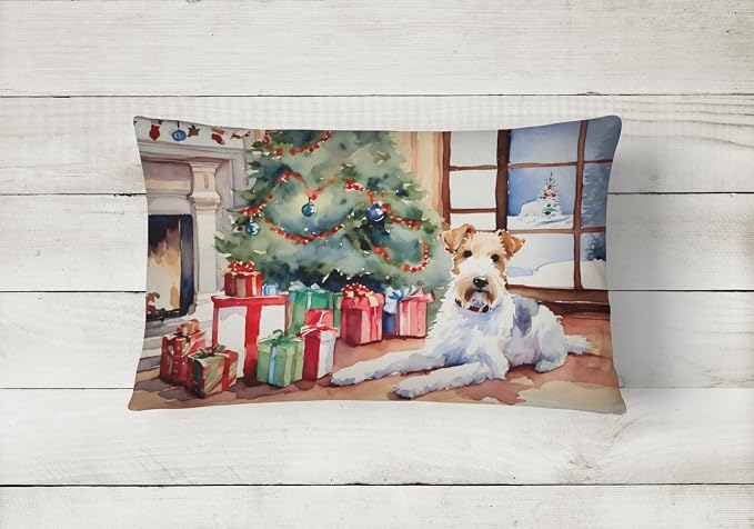 Caroline's Treasures DAC2767PW1216 Fox Terrier Cozy Christmas Throw Pillow Machine Washable, Indoor Outdoor Decorative Pillow for Couch, Bed or Patio, 12HX16W
